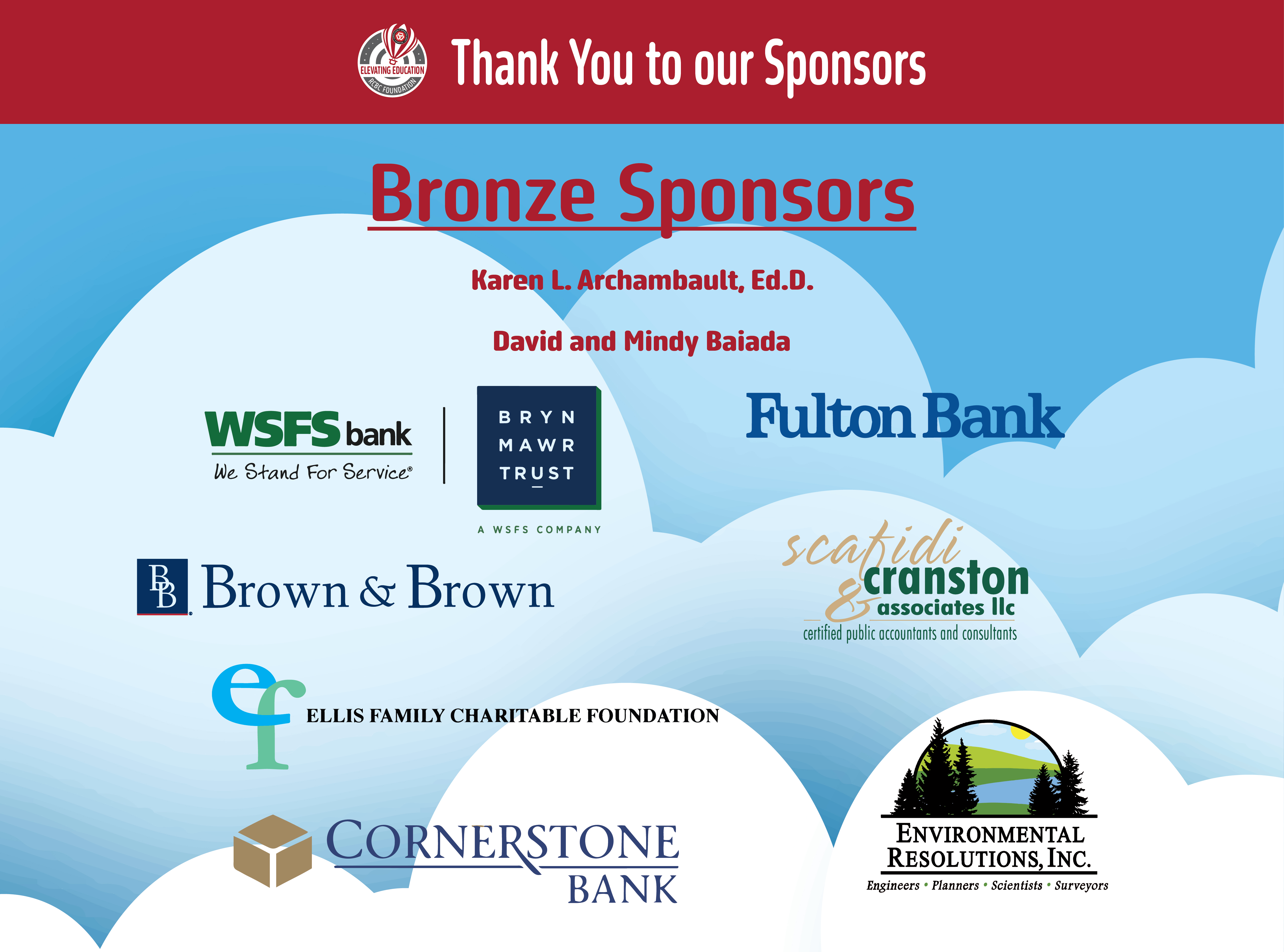 Bronze sponsor thank you for sponors: Cornerstone Bank, Brown and Brown, Environmental Resolutions, WSFS bank