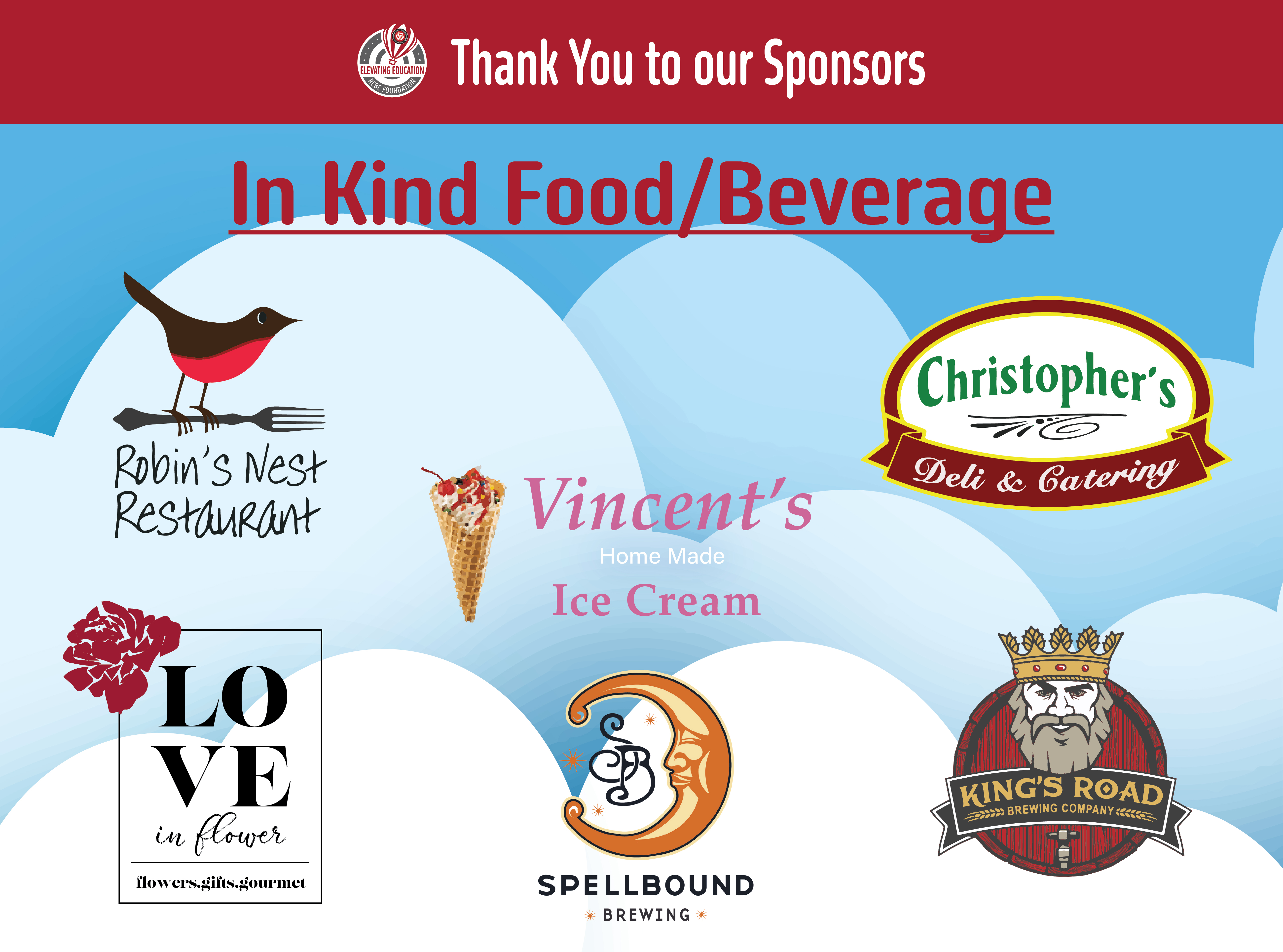 In Kind Food sponosorship providers kings road brewing, spellbound brewing, robin's nest restaurant, vincent's ice cream