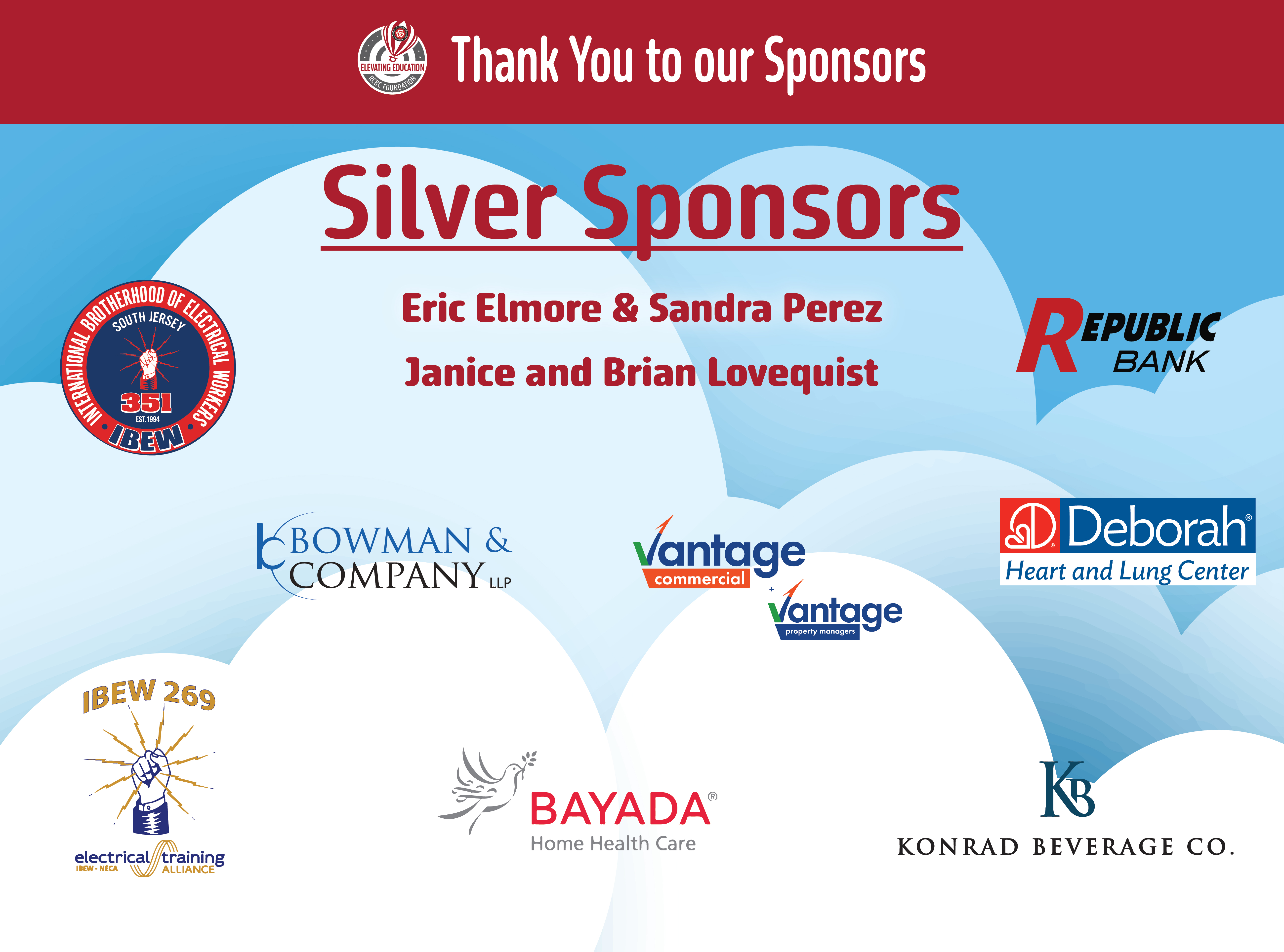 Silver sponsorship graphic thanking sponors: Bayada, Konrad Beverage, Electrical Training, Vantage, Republic Bank