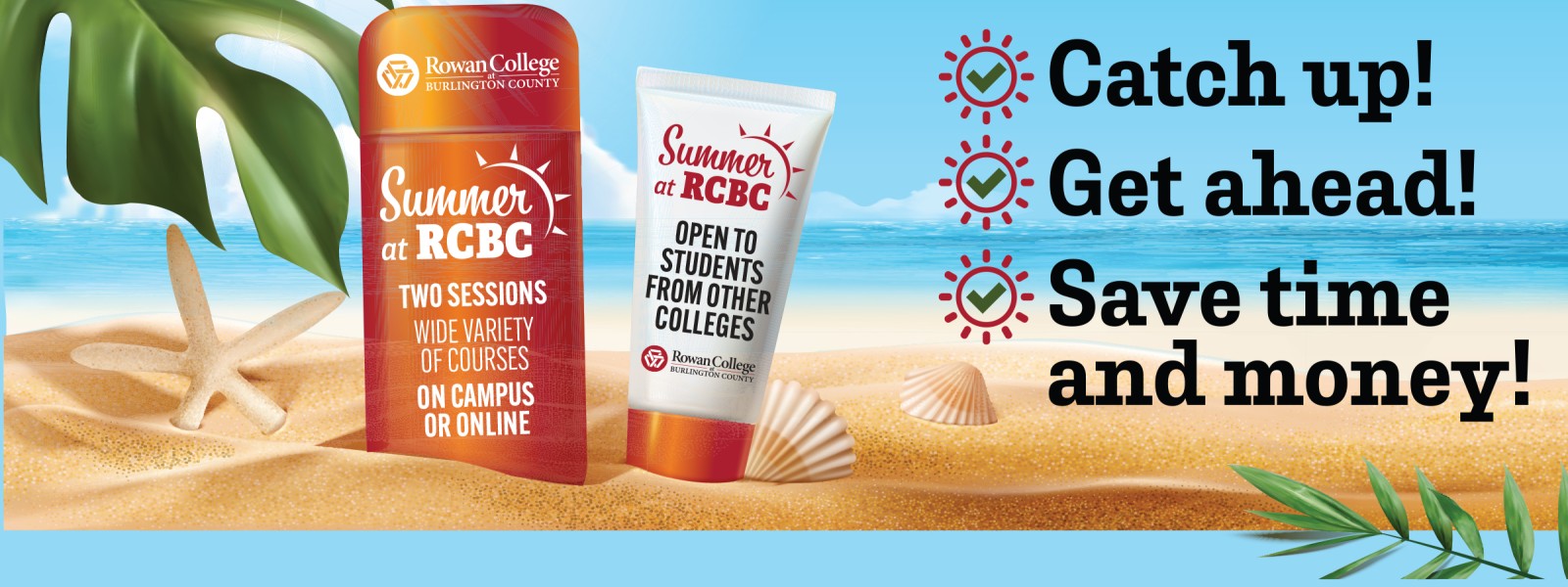 Advertisement for Summer registration at RCBC with tanning cream graphics