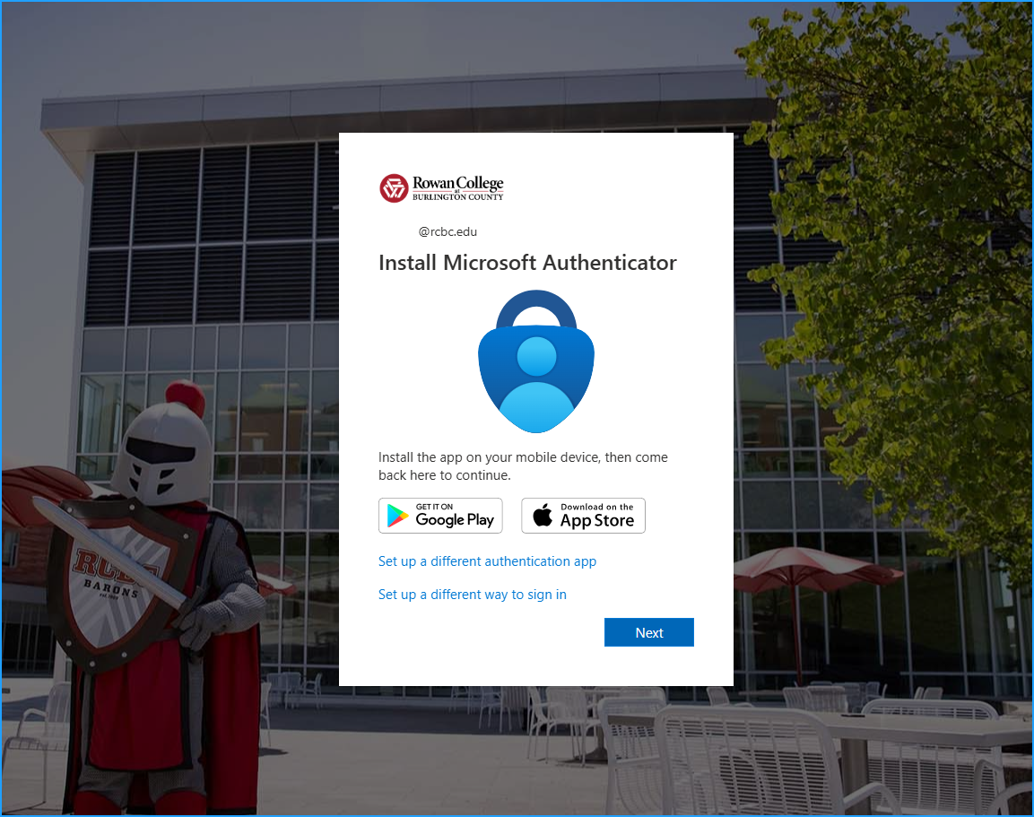 RCBC MFA Setup screen recommending Microsoft Authenticator