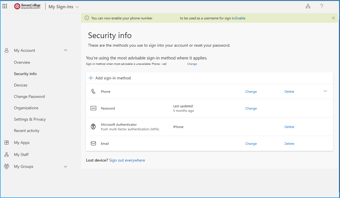 RCBC Microsoft Entra Security info page
