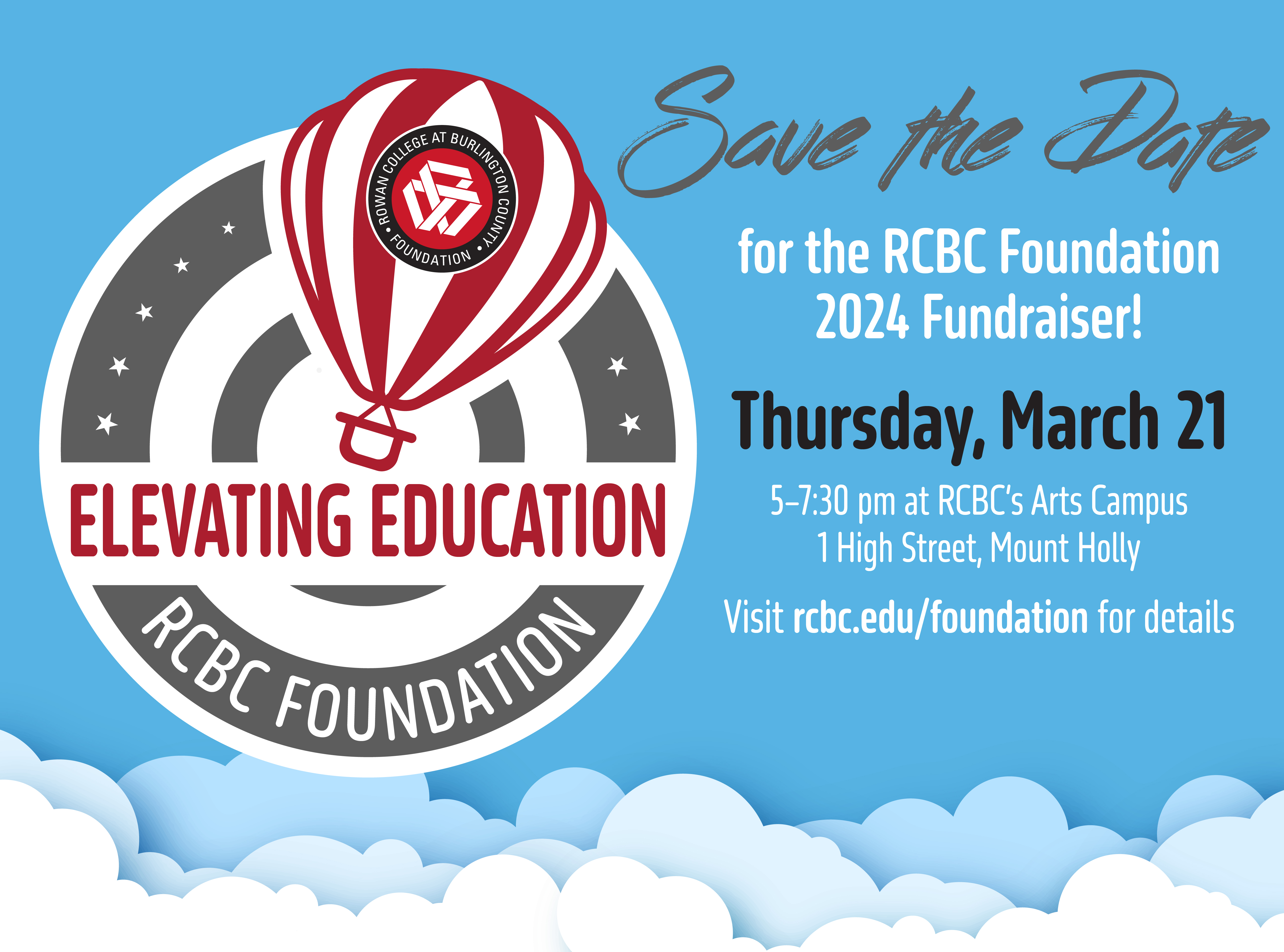 graphic design saying to save the date for the RCBC Foundation on march 21 from 5 to 7:30 pm in Mount Holly