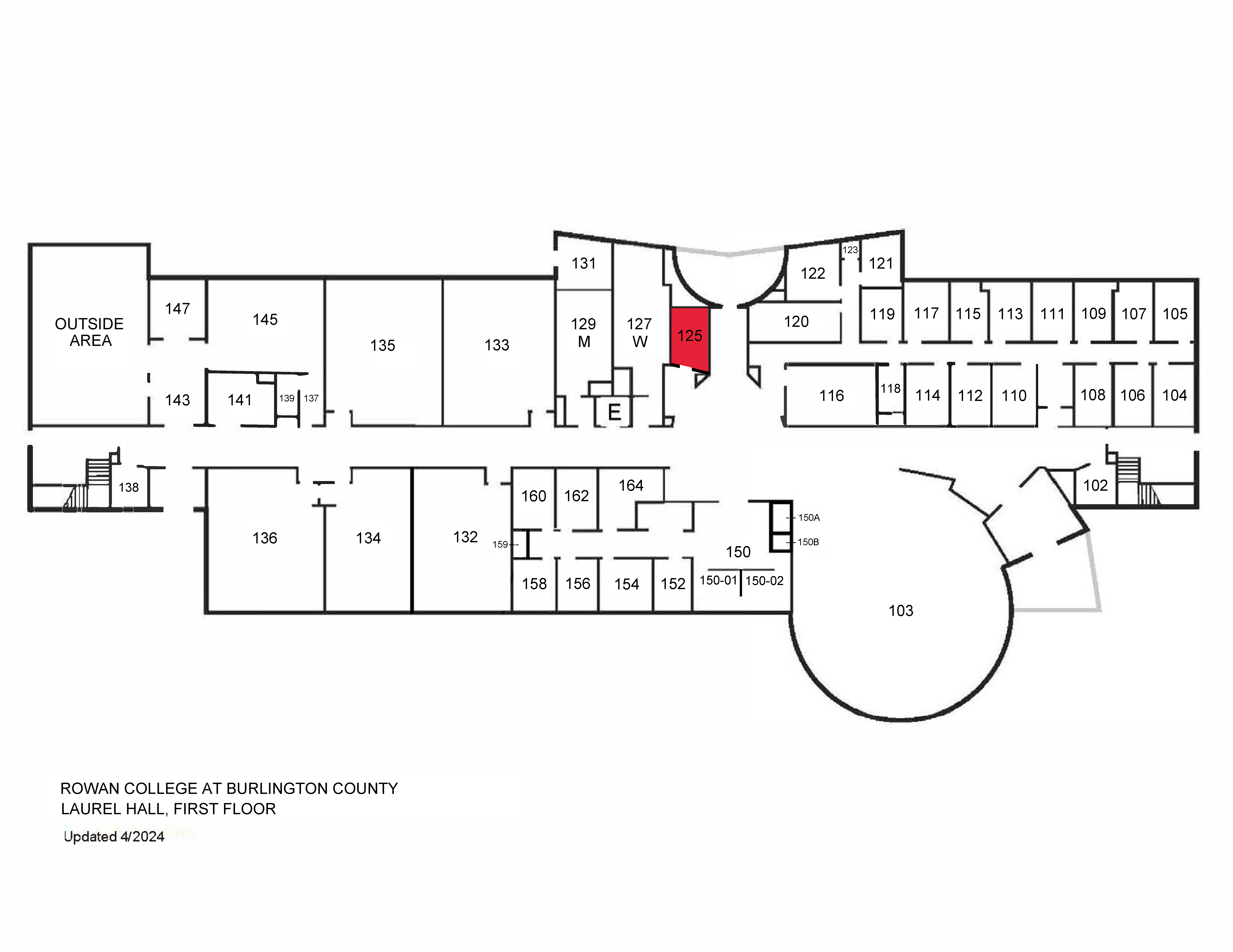 Laurel Hall floor plan highlighting lactation room (LH 125)