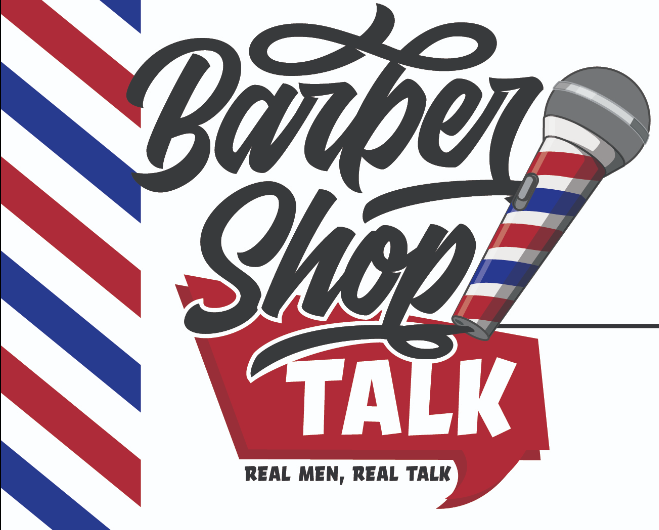Graphic design logo of Barber Shop Talk using microphone wrapped in barbershop pole