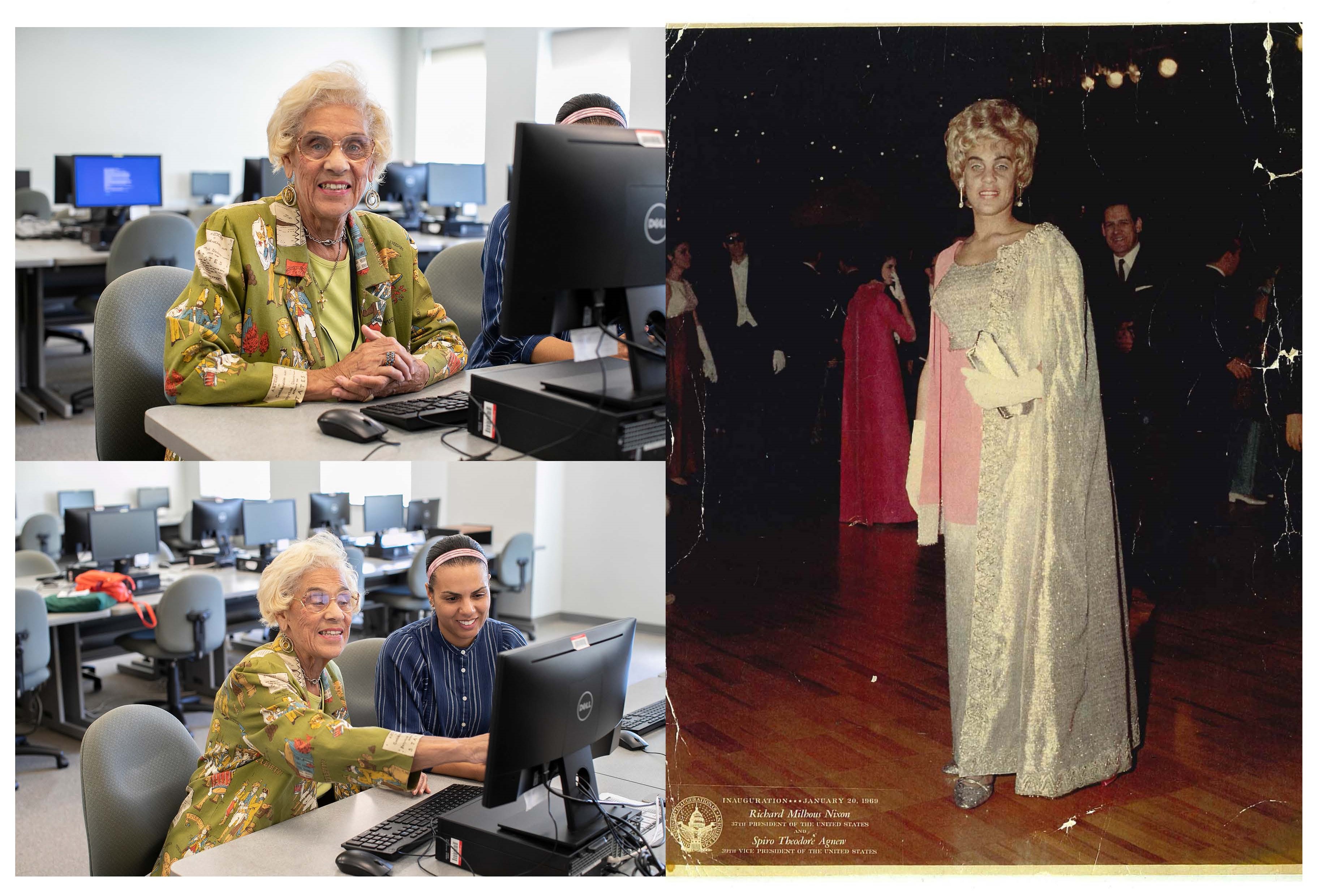 Alice Marsh in the computer lab and Alice Marsh at Nixon's inaugural ball