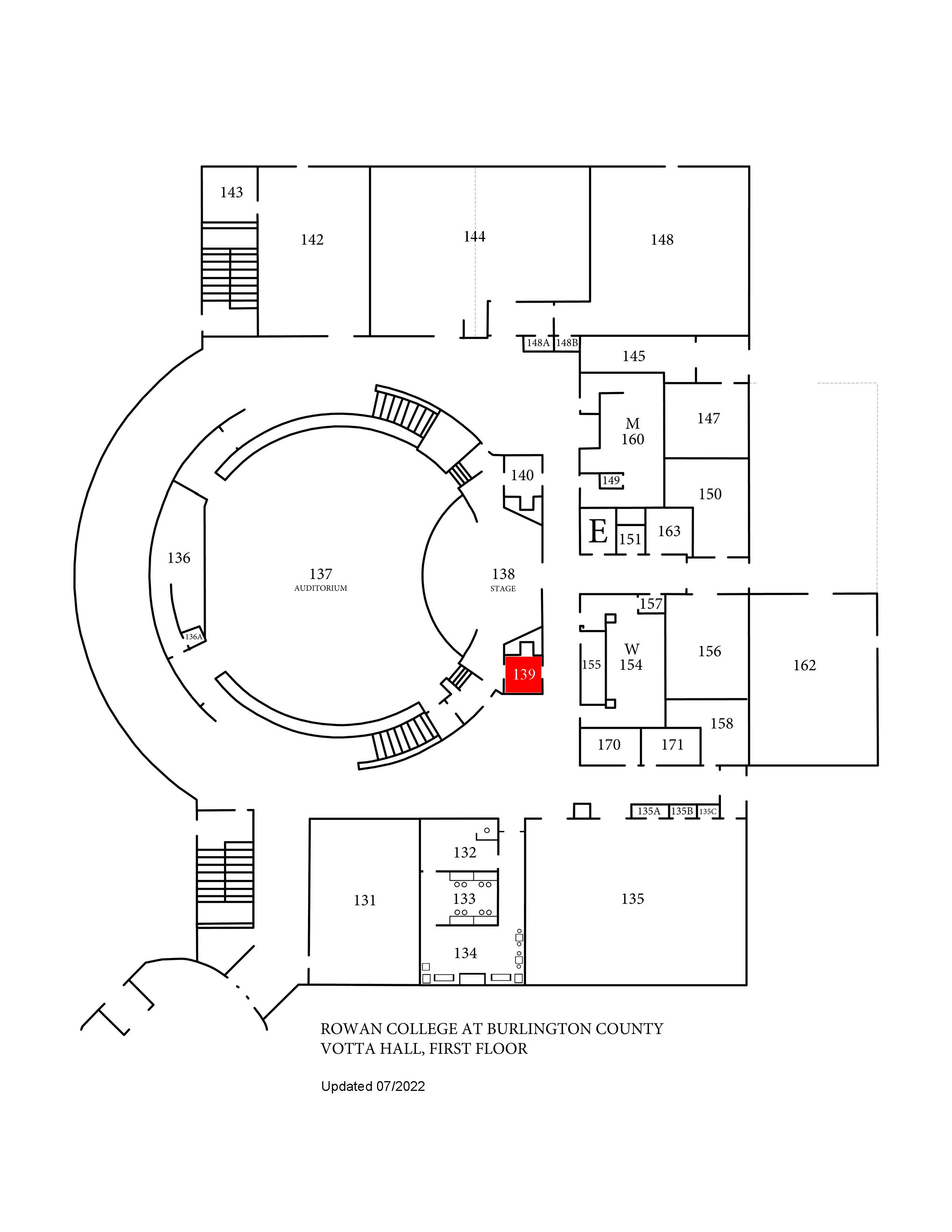 Floor plan of Votta Hall locating Lactation Room (139)