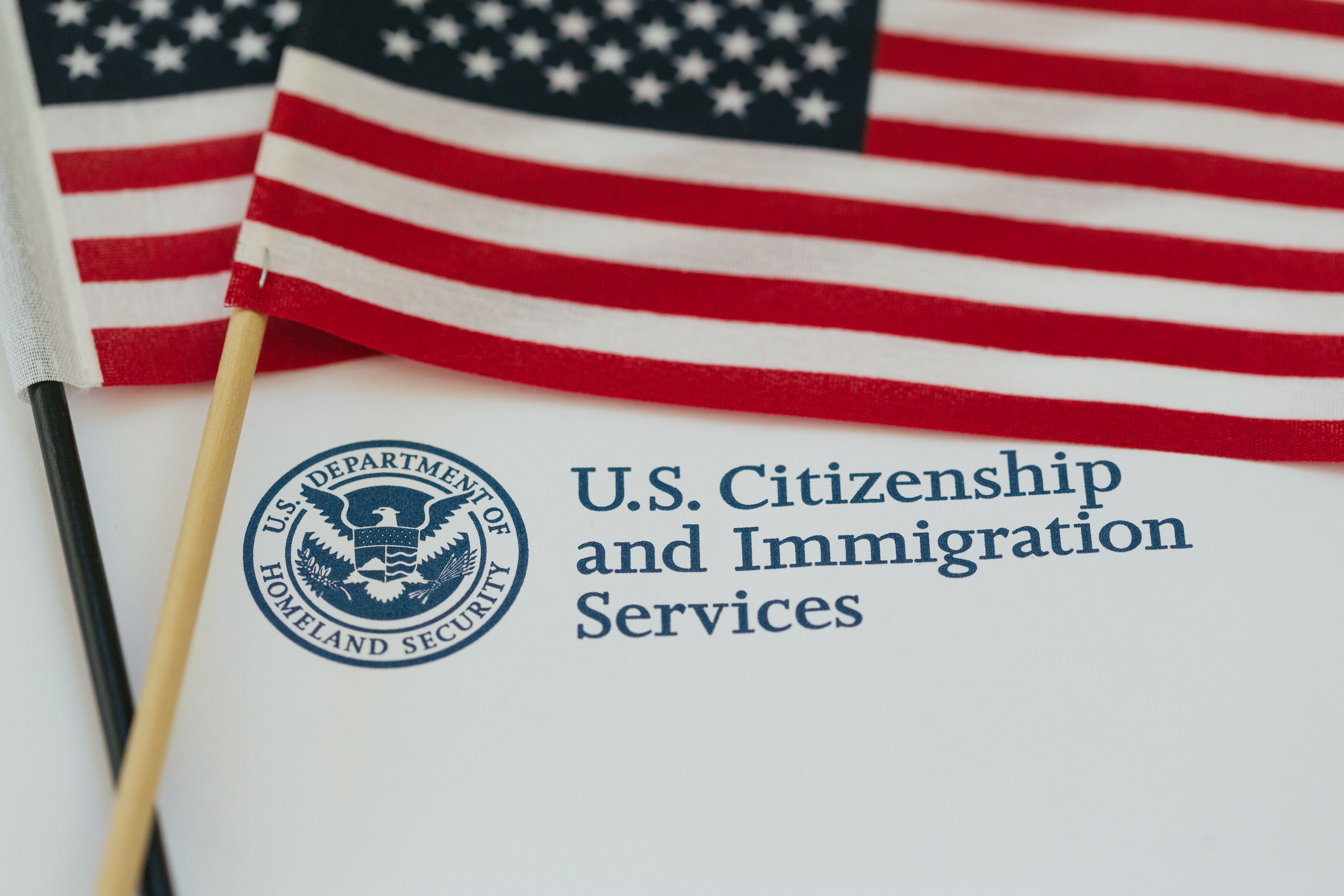 flag beside U.S. Citizenship and Immigration Services seal