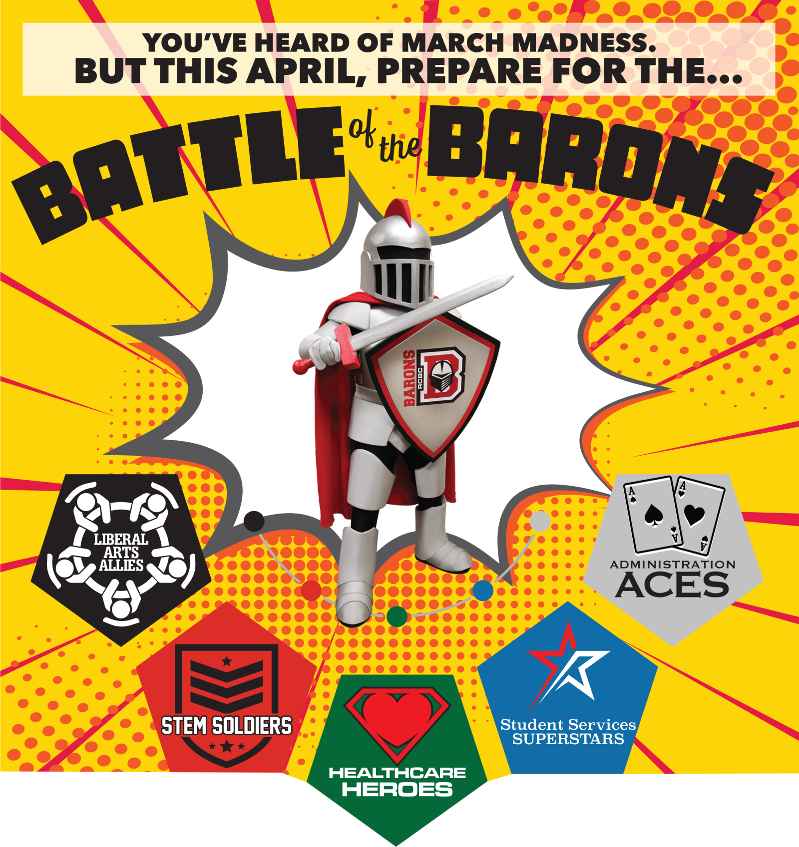 Barry standing in center with various team logos below him and Battle of the Barons across the top