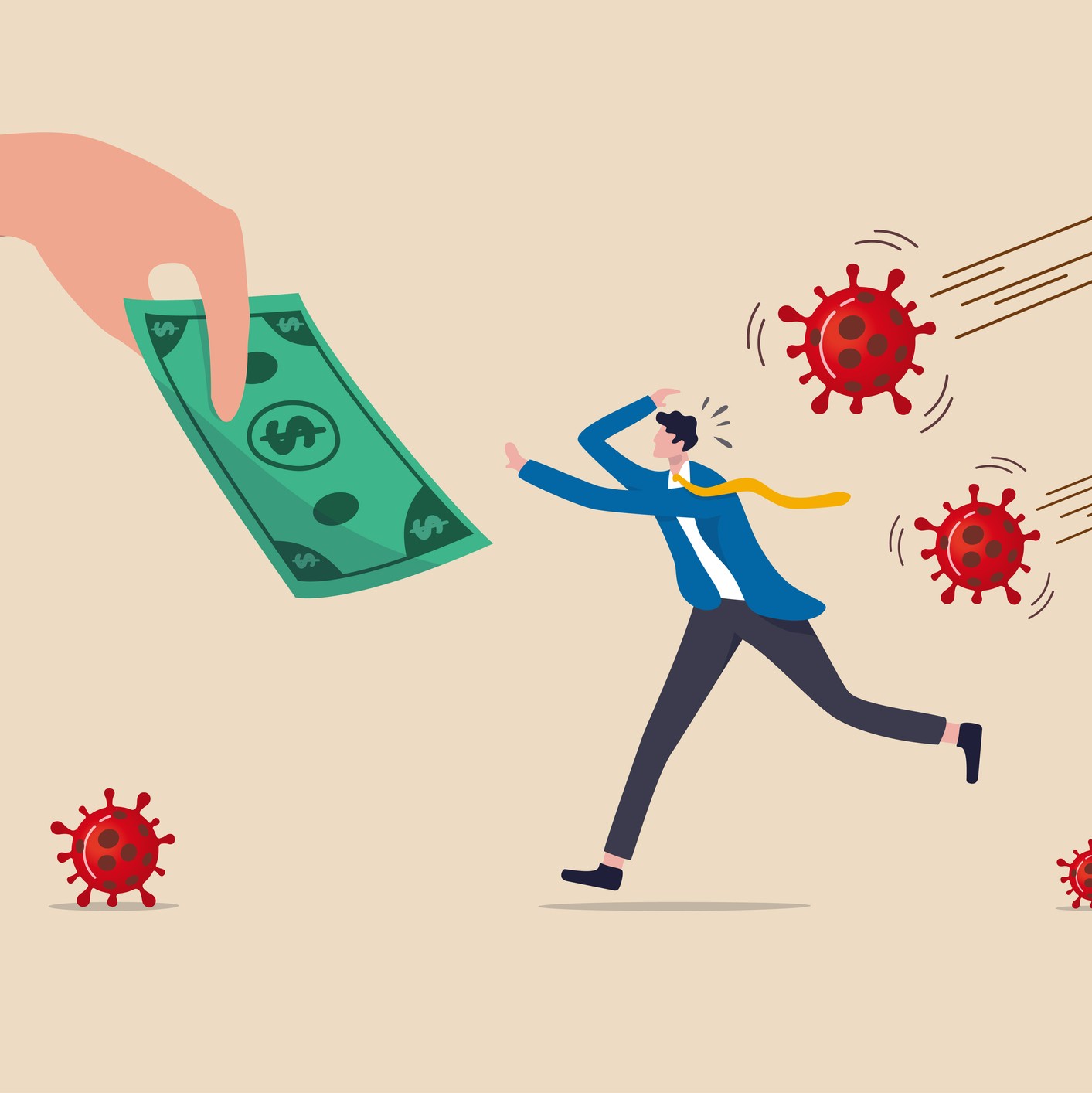 cartoon of man running from virus particles and grabbing money 