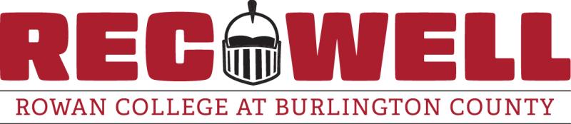 RCBC Rec Well official logo. “Rec Well” is spelled in an all caps bold red text and is divided by an outline of Barry the baron mascot’s helmet. “Rowan College at Burlington County” is written below in red all caps and is separated by the top design with a thin black line.