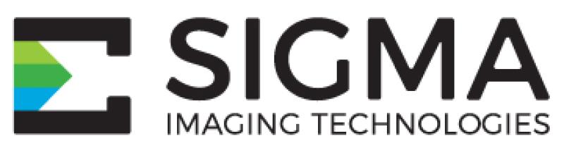 Sigma Imaging Technologies logo. A black greek sigma letter with the triangular part colored into three parts, light green, green, and sky blue top to bottom, lies on the side of the all caps black stacked text "SIGMA" and "Imagining Technologies".