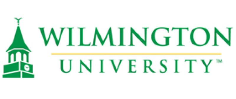 Wilmington University logo. A green citadel icon is on the left side of stacked all caps green text "Wilmington University" divided by a yellow line.