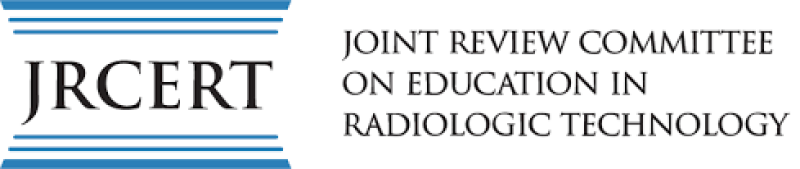 Joint Review Committee on Education in Radiologic Technology logo. The text is black in all caps. "Joint Review Committee on Education in Radiologic Technology"(right) and "JRCERT"(left) in big letters with three horizontal blue lines decreasing in width that frame the acronym from top and bottom.