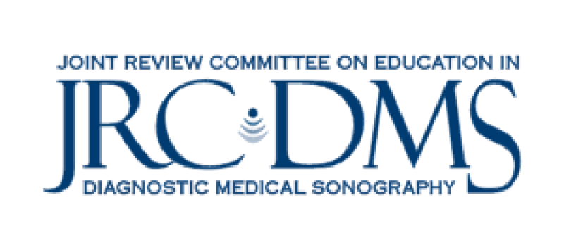 Joint Review Committee on Education in Diagnostic Medical Sonography logo. The logo is monochrome navy blue in all caps and reads "JRC DMS"(center) in big letters, "Joint Review Committee on Education in"(above acronym), and "Diagnostic Medical Sonography"(below acronym).