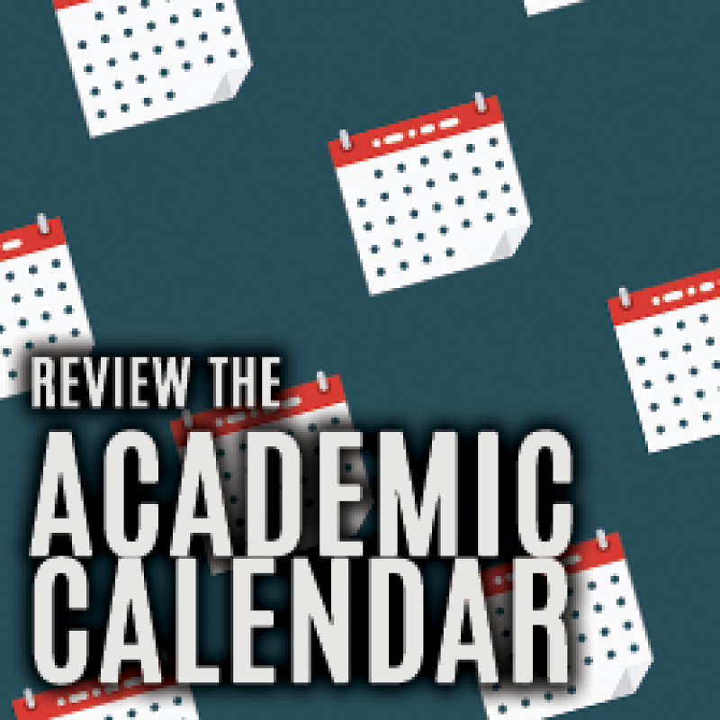 "Review the Academic Calendar" all caps text with graphic design pattern of calendars on a navy blue background.