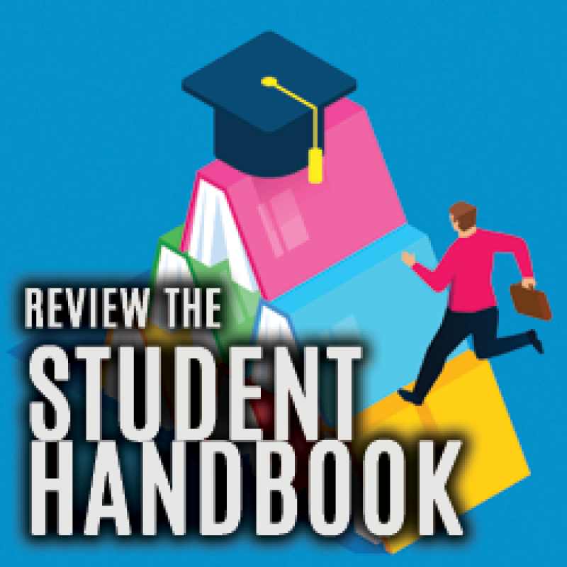"Review the Student Handbook" all caps text with graphic design of a person running up a hill of colorful books with a graduation cap on top on a teal background.