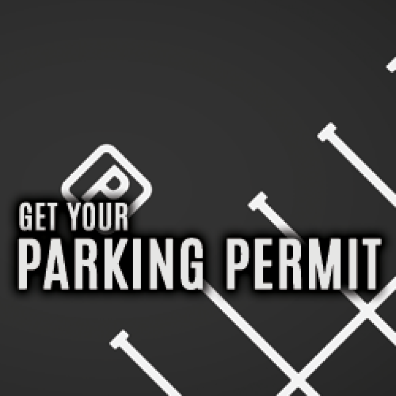 "Get your parking permit" all caps text with graphic design of a parking lot on a black background.