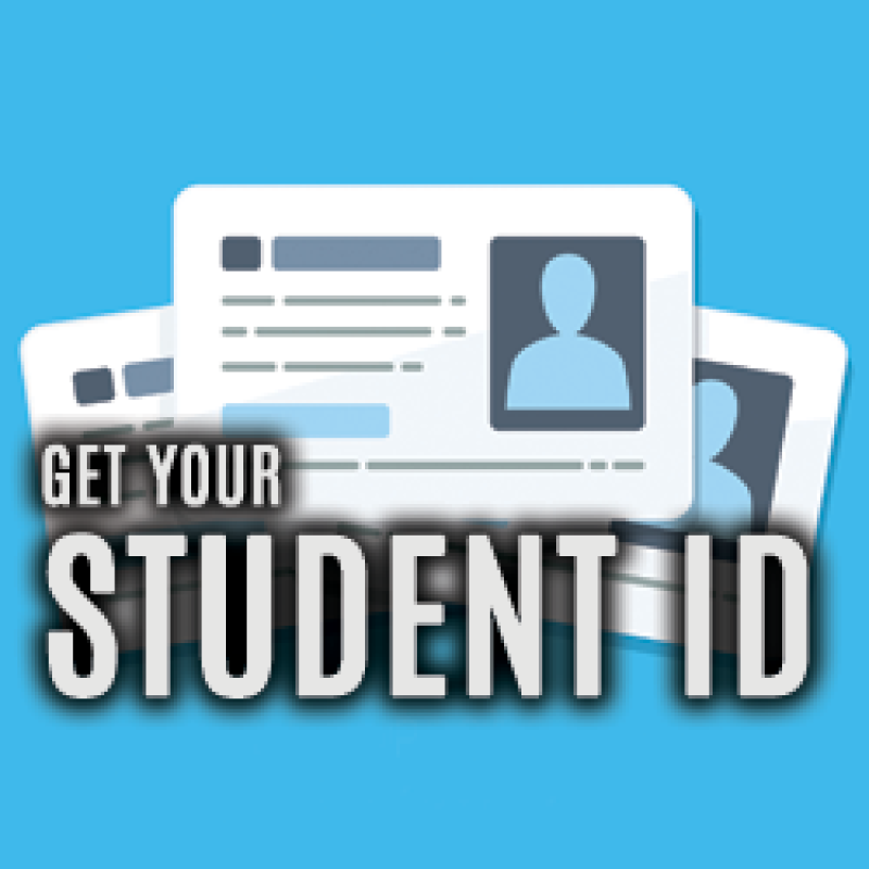 "Get your student ID" all caps text with graphic design of three stacked ID cards on a blue background.