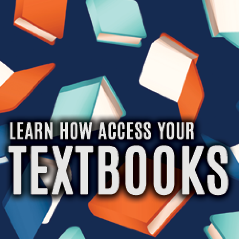 "Learn how to access your textbooks" all caps text with graphic design pattern of deep orange, dark teal, and mint green books falling on a dark navy blue background.