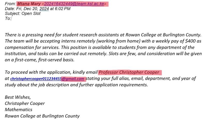 Screenshot of phishing email example highlighting suspicious email address and mismatching name information
