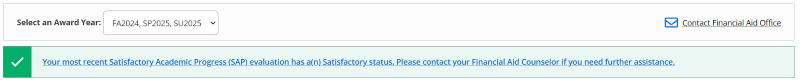Screenshot of students SAP status in Financial Aid section of self-service