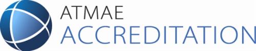 ATMAE Accreditation logo. On the left is a blue sphere with three white lines intersecting, forming a shape of a triangle that is highlighted in lighter blue. On the right "ATMAE" is written in a black font and "Accreditation" is written below in blue.