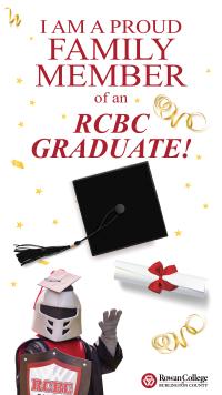 Snapchat graphic stating "I am a proud family member of an RCBC graduate" with RCBC logo at bottom and Barry in cap and gown