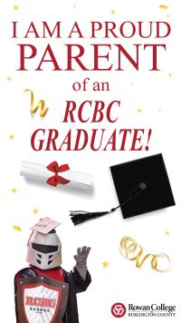 Snapchat graphic stating "I am a proud parent of an RCBC graduate" with RCBC logo at bottom and Barry in cap and gown