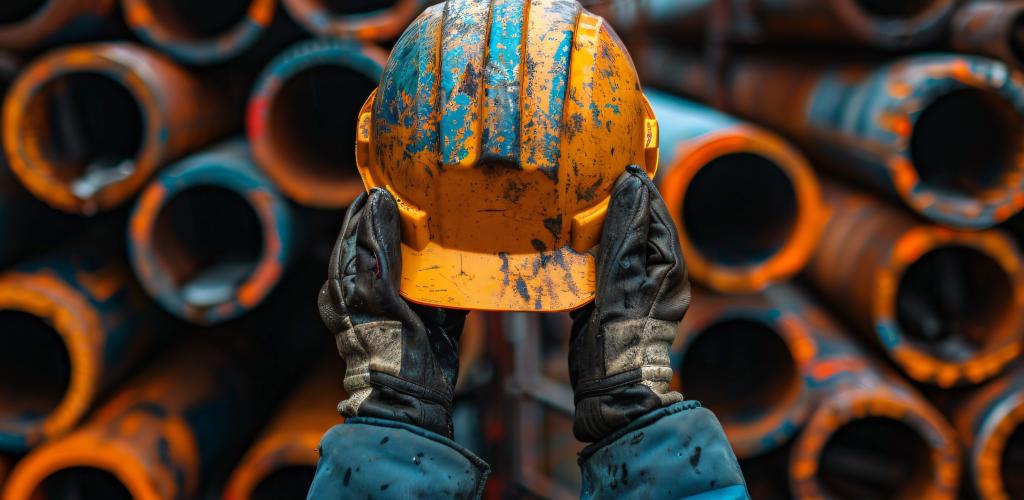 construction worker arms holding a muddy construction helmet