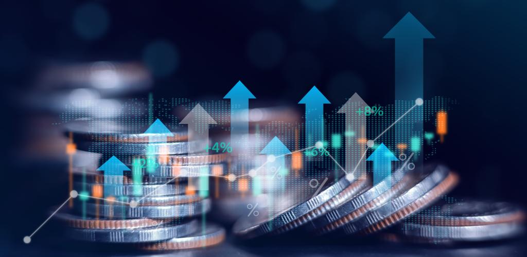 A pile of quarters with stock market graphic arrows pointing up