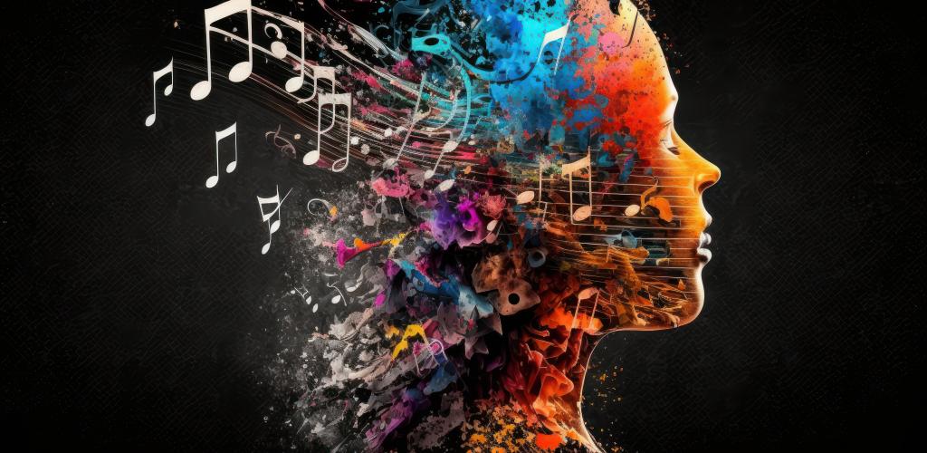 Colorful mannequin head with music notes coming out of the back of the head