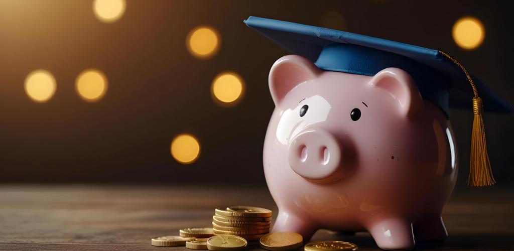 Piggy bank wearing graduation cap