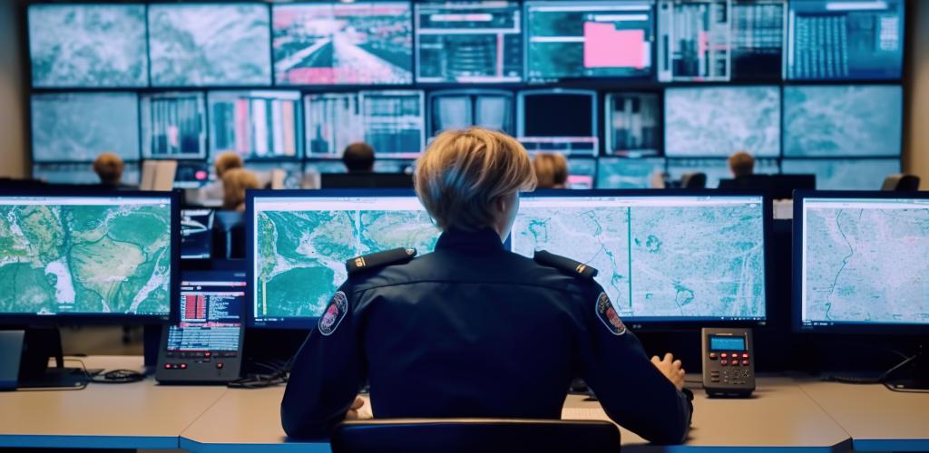 Emergency personnel member in front of emergency service computer system