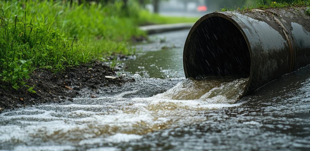 Drain pipe dumping storm water into a stream
