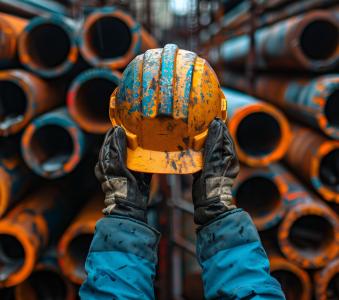 construction worker arms holding a muddy construction helmet