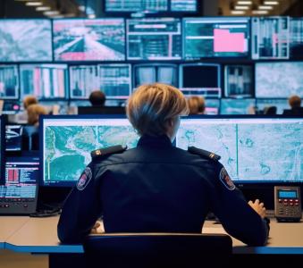 Emergency personnel member in front of emergency service computer system