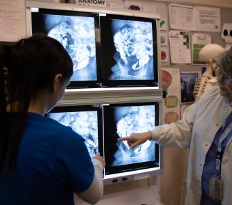 A radiography professor looks over an X-ray with a student.