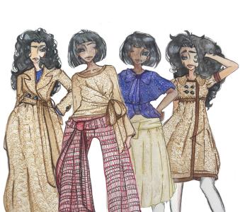 Graphic illustration of four fashion show models