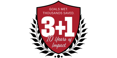 Decorative badge celebrating 10 years of RCBC's 3+1 program