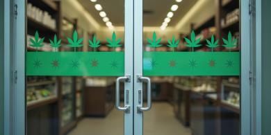 Front doors of a cannabis dispensary