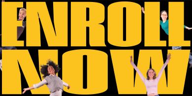 Graphic design with the words "Enroll Now" intertwined with four students smiling