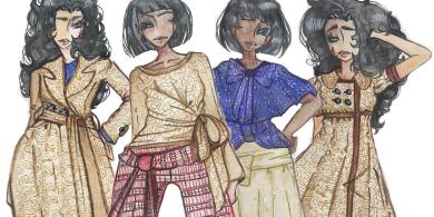 Graphic illustration of four fashion show models