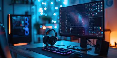 High-tech gaming setup with neon lights, featuring an advanced graphical interface on the monitor, gaming keyboard, and headset.
