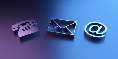 Metal telephone, envelope letter and e-mail symbols on pink and blue lit background, modern contact us symbols or