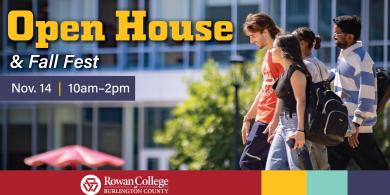 Text stating Open House and Fall Fest November 14 10am-2pm. Students walking across the quad to the right of the text