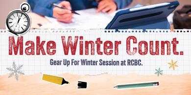 Text stating Make Winter Count. Gear Up For Winter Session at RCBC. Student with laptop and winter icons in background.