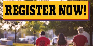 Three RCBC students walking across a sunny campus path, overlaid with a banner reading "REGISTER NOW!" and the Rowan College at Burlington County logo.
