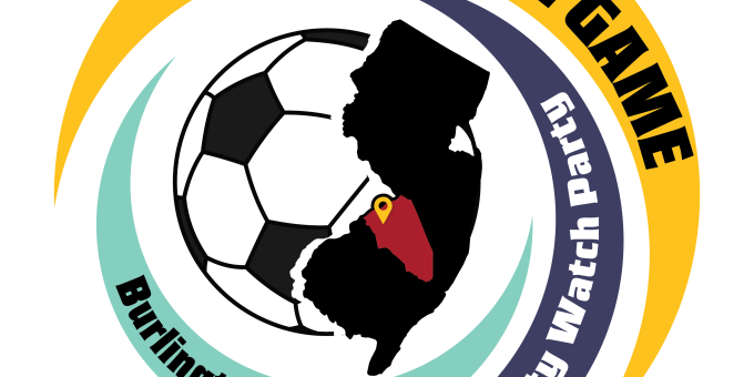 Global Game Community Watch Party logo showcasing a soccer ball and Burlington County, NJ.