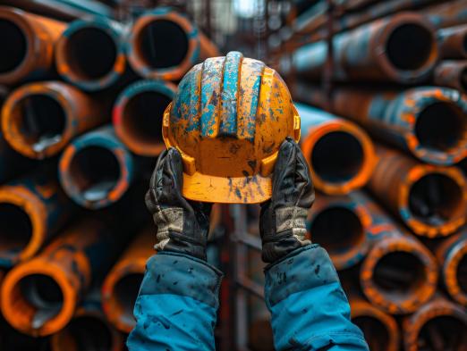construction worker arms holding a muddy construction helmet